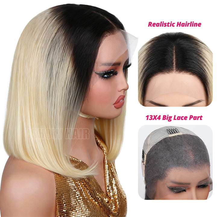 Blonde Bob Wig Features With Realistic Hairline And 13x4 Big Lace Part