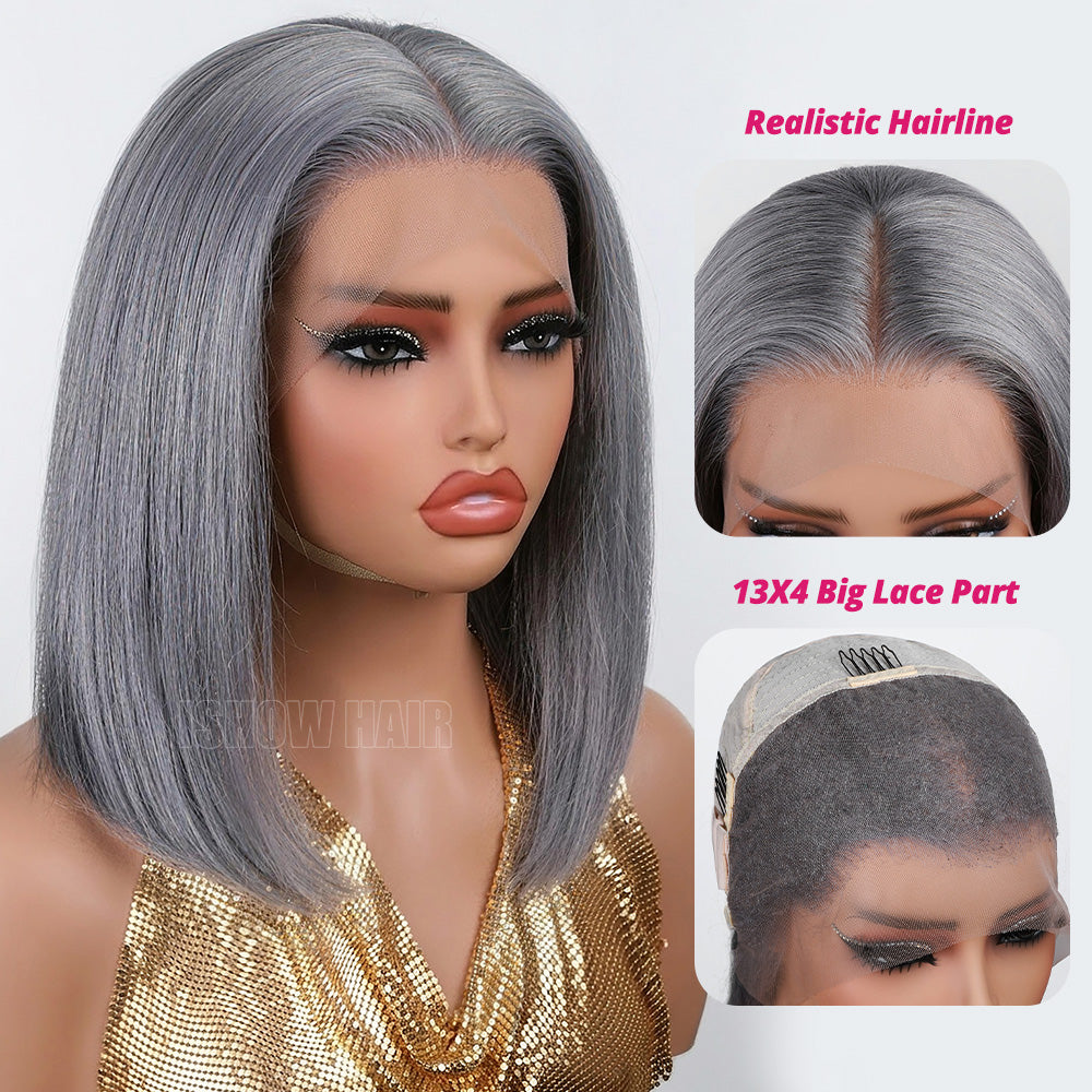 Gray Bob Wig With Close-Up Details On A White Background