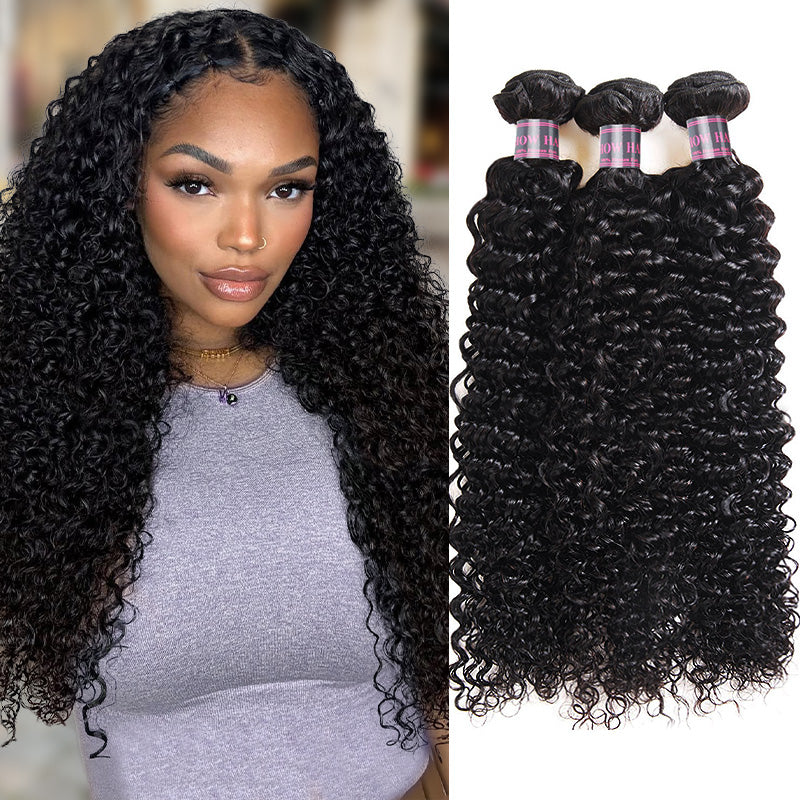 Woman With Curly Human Hair Bundles Wearing a Gray Top