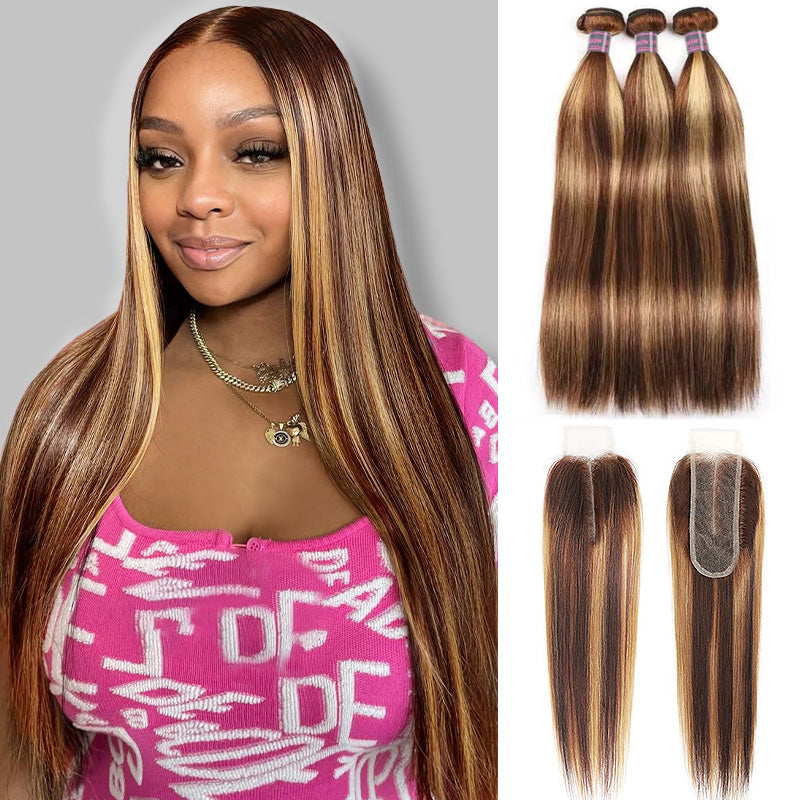 Long P4/27 Straight Hair 3 Bundles and Lace Closure Displayed With Model