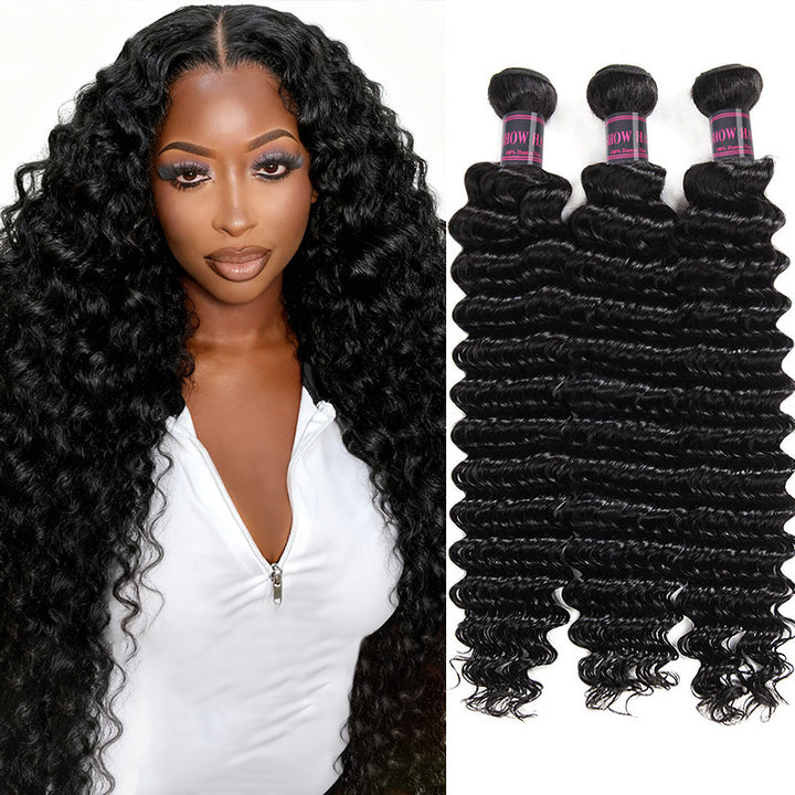 A Women Wearing Deep Wave Hair Bundles Feature with Curly Wave and Full End