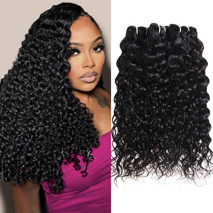 Woman With Styled Hair And Close-Up Of Water Hair Extensions On A Beige Background