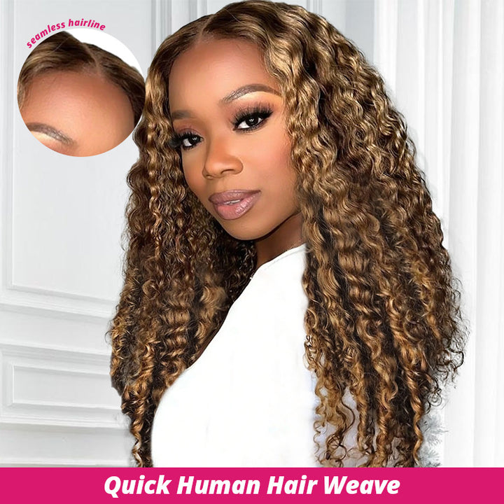 Woman Wearing Highlight Color Burmese Curly Human Hair Weave Which Can Make Seamless Hairline