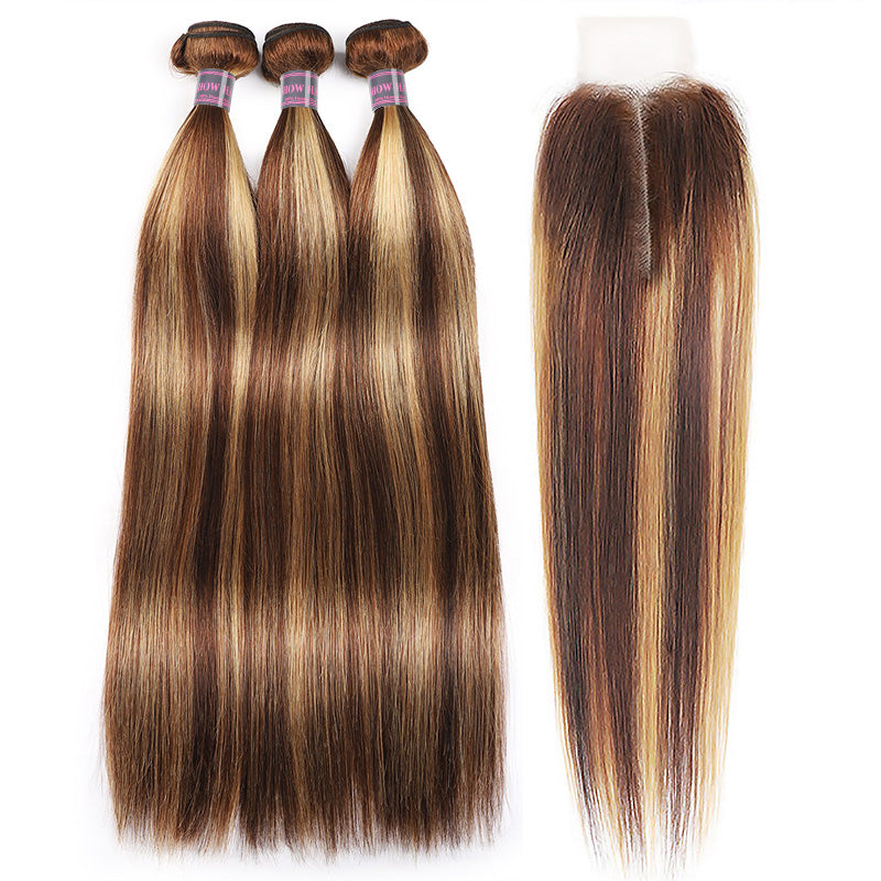 P4/27 Highlight Straight Hair Bundle With Closure, 100% Human Hair, No Tangle And Shedding