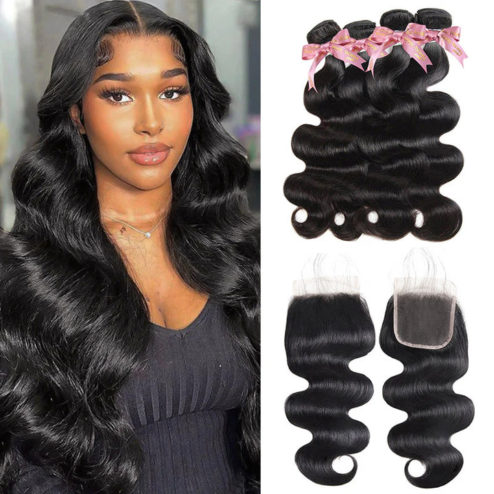 Woman with long straight natural black hair, alongside four straight hair bundles and two lace closures with pink bows from Ishow Beauty 12A Grade Brazilian Human Hair collection.