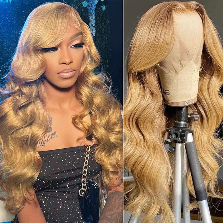 Model Wearing Honey Blonde Body Wave Wig With Soft Curls and Mannequin On Tripod