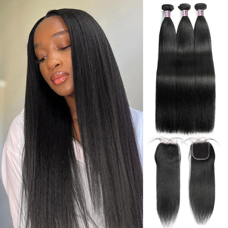 Yaki Straight Hair Bundles With Closure, Brazilian Human Hair