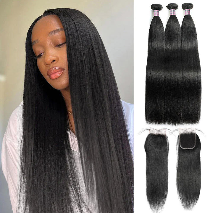 Yaki Straight Hair Bundles With Closure, Brazilian Human Hair