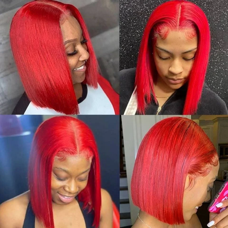 Ishow Red Blunt Cut Short Bob Wig PPB Invisible Knots Ready To Wear Straight 5x5 Lace Closure Wig With Natural Hairline