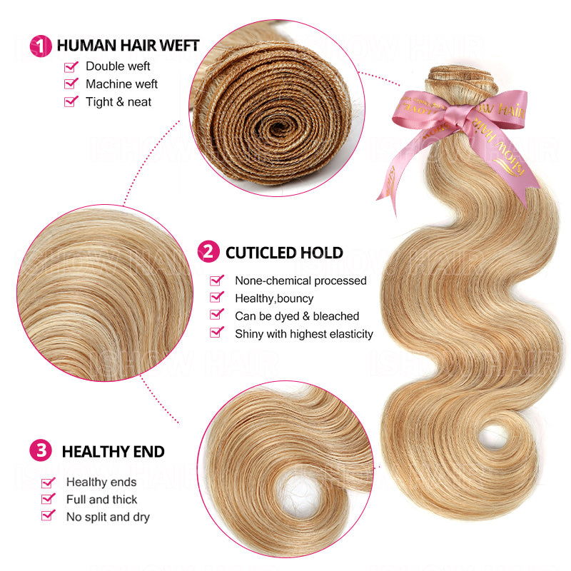 Ishow Body Wave Premium Human Hair Bundles #P27/613 Honey Blonde Highlight Hair Weaving 3 Bundles Unprocessed Raw Hair