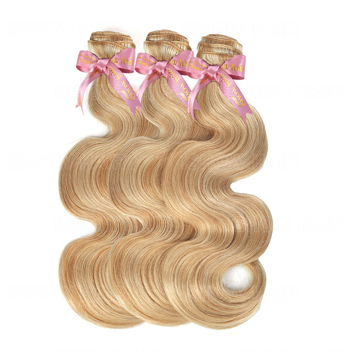 Ishow Body Wave Premium Human Hair Bundles #P27/613 Honey Blonde Highlight Hair Weaving 3 Bundles Unprocessed Raw Hair