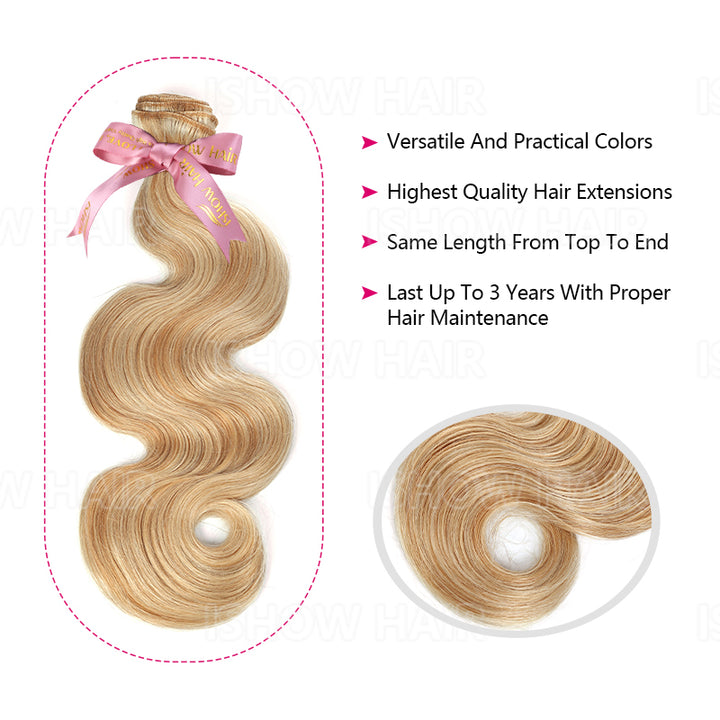 Ishow Body Wave Premium Human Hair Bundles #P27/613 Honey Blonde Highlight Hair Weaving 3 Bundles Unprocessed Raw Hair