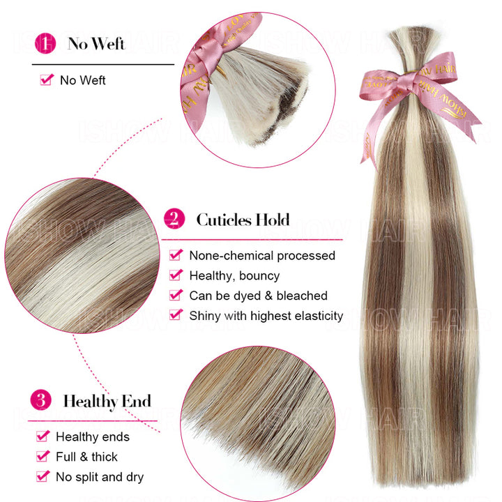 Ishow Straight Bulk Human Hair For Braiding #P8/60 High End Extensions Ash Brown With Platinum Blonde Highlights