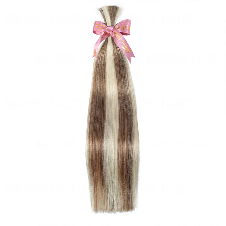 Ishow Straight Bulk Human Hair For Braiding #P8/60 High End Extensions Ash Brown With Platinum Blonde Highlights