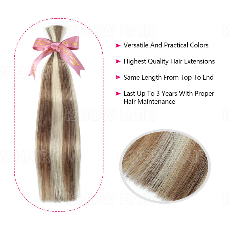 Ishow Straight Bulk Human Hair For Braiding #P8/60 High End Extensions Ash Brown With Platinum Blonde Highlights