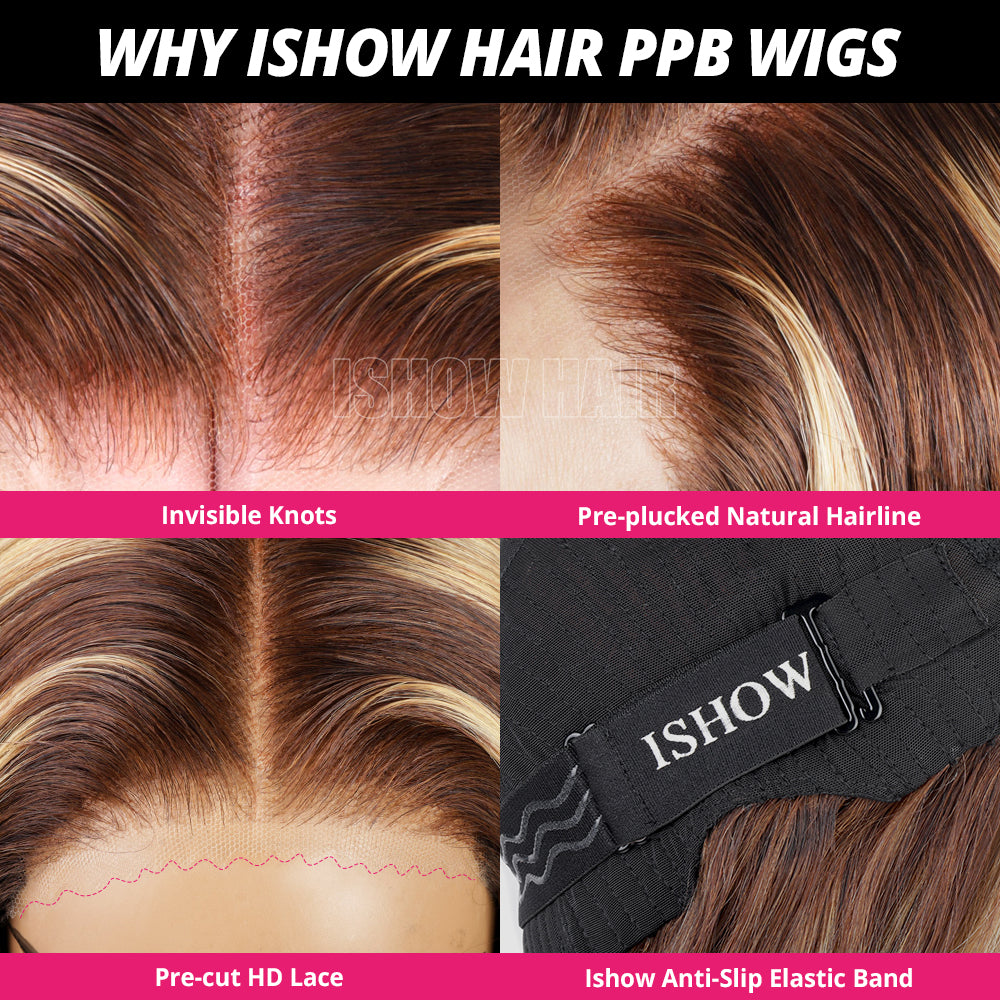 Ishow PPB™ Invisible Knots Highlight Brown Straight Hair Wig Pre Cut Wigs 13x6 Glueless Lace Frontal Wig