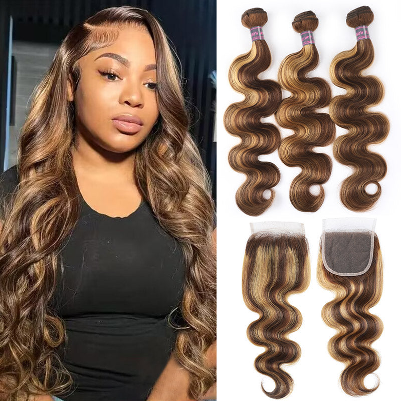 Ishow Highlight Honey Blonde Hair with Closure Brazilian Body Wave Human Hair 3 Bundles with 4x4 Lace Closure P4/27