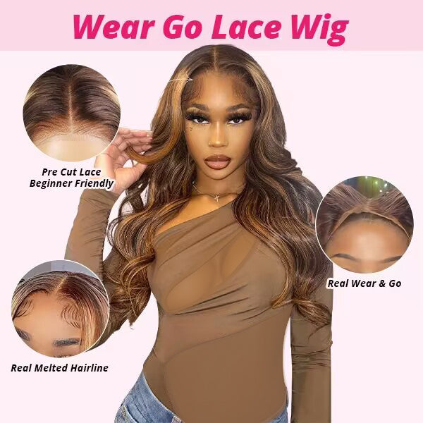 Ishow PPB™ Invisible Knots P4/27 Highlight Body Wave Wear Go Wig 13x6 Lace Frontal Wig Pre Cut Wigs