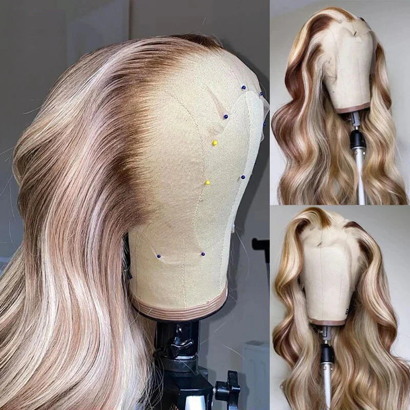 Brown Body Wave Wig With Blonde Highlights On Mannequin Head