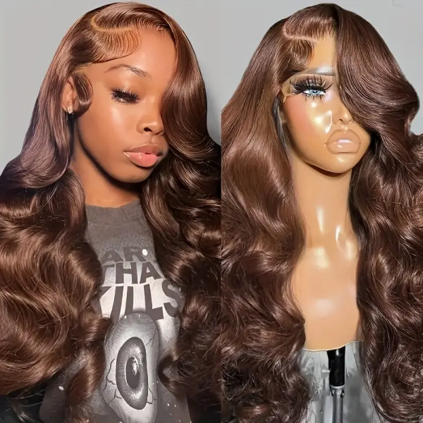 Dark brown body wave lace front wig styled with a side part and baby hairs, shown on a person and a mannequin. Human hair wig for natural look and secure installation.