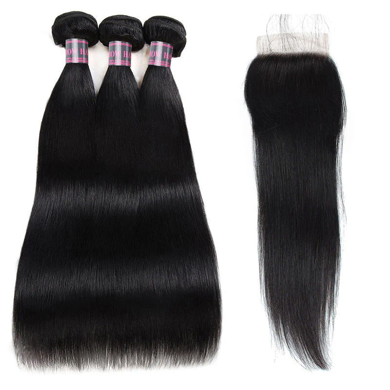 3 Jet Black Straight Hair Bundles With 4X4 Lace Closure for Elegant Styling