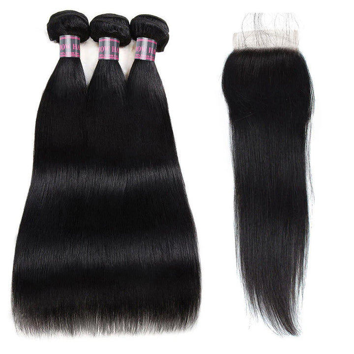 3 Jet Black Straight Hair Bundles With 4X4 Lace Closure for Elegant Styling