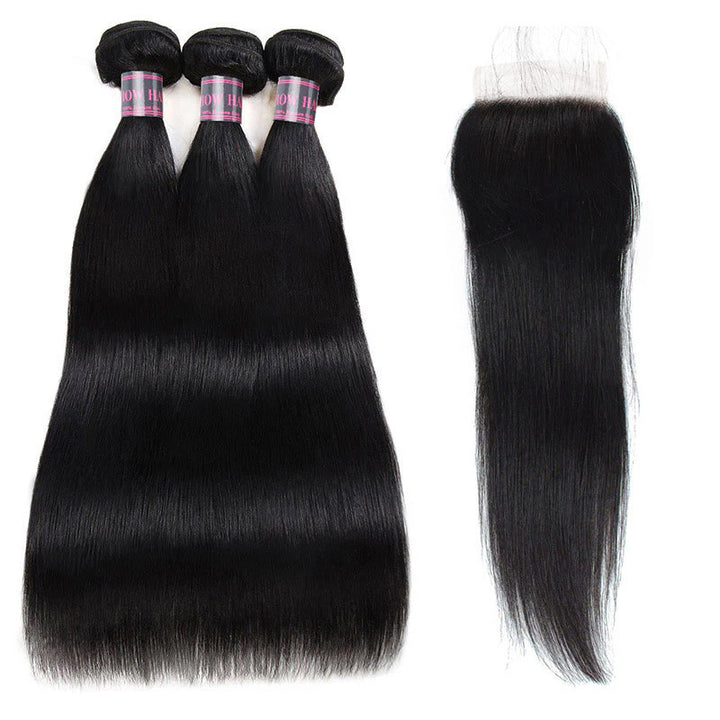 Three Bundles of Straight Natural Black Human Hair With a Lace Closure