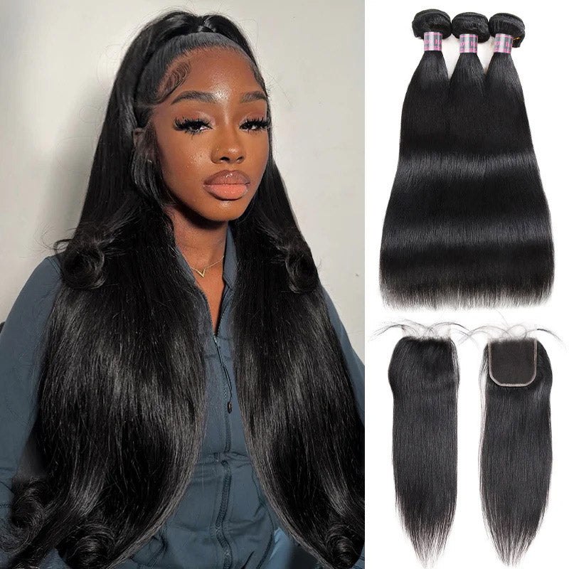 Ishow Straight Hair 3 Bundles With 4x4 Lace Closure Natural Color 100% Human Hair Extensions - IshowVirginHair