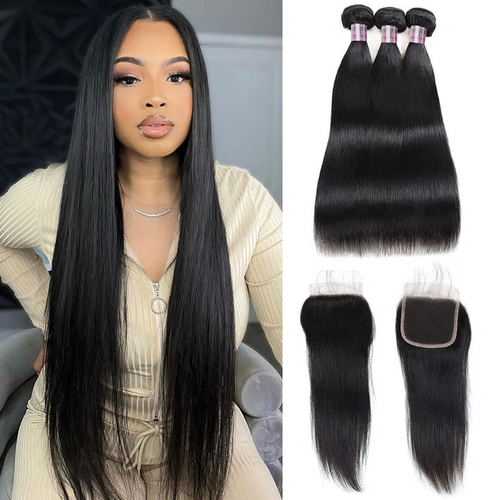 Long Straight Jet Black Hair Next to 3 Bundles and Lace Closure Displayed With Model