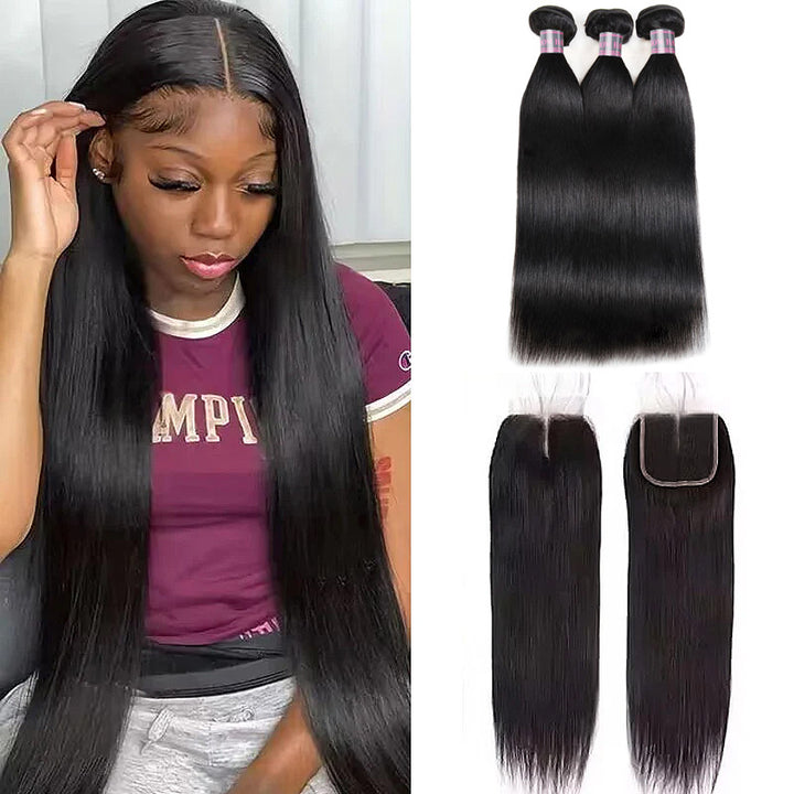 Woman with long straight black hair showcasing the smooth texture of Peruvian straight hair bundles in two side-by-side images.