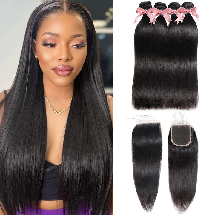 Model With Long Straight Natural Black Hair and 4 Hair Bundles With Closure