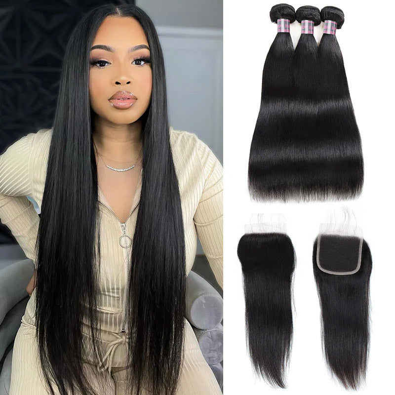 Long Straight Jet Black Hair Next to 3 Bundles and Lace Closure Displayed With Model