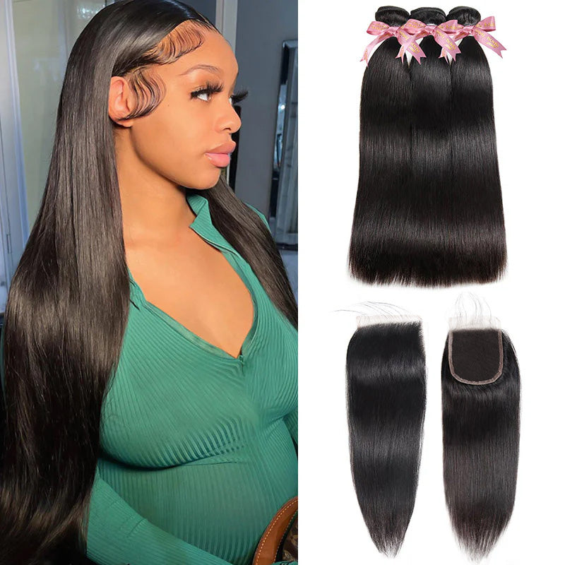 Woman With Long Straight Black Hair and Ishow Straight Hair Bundles With Lace Closure