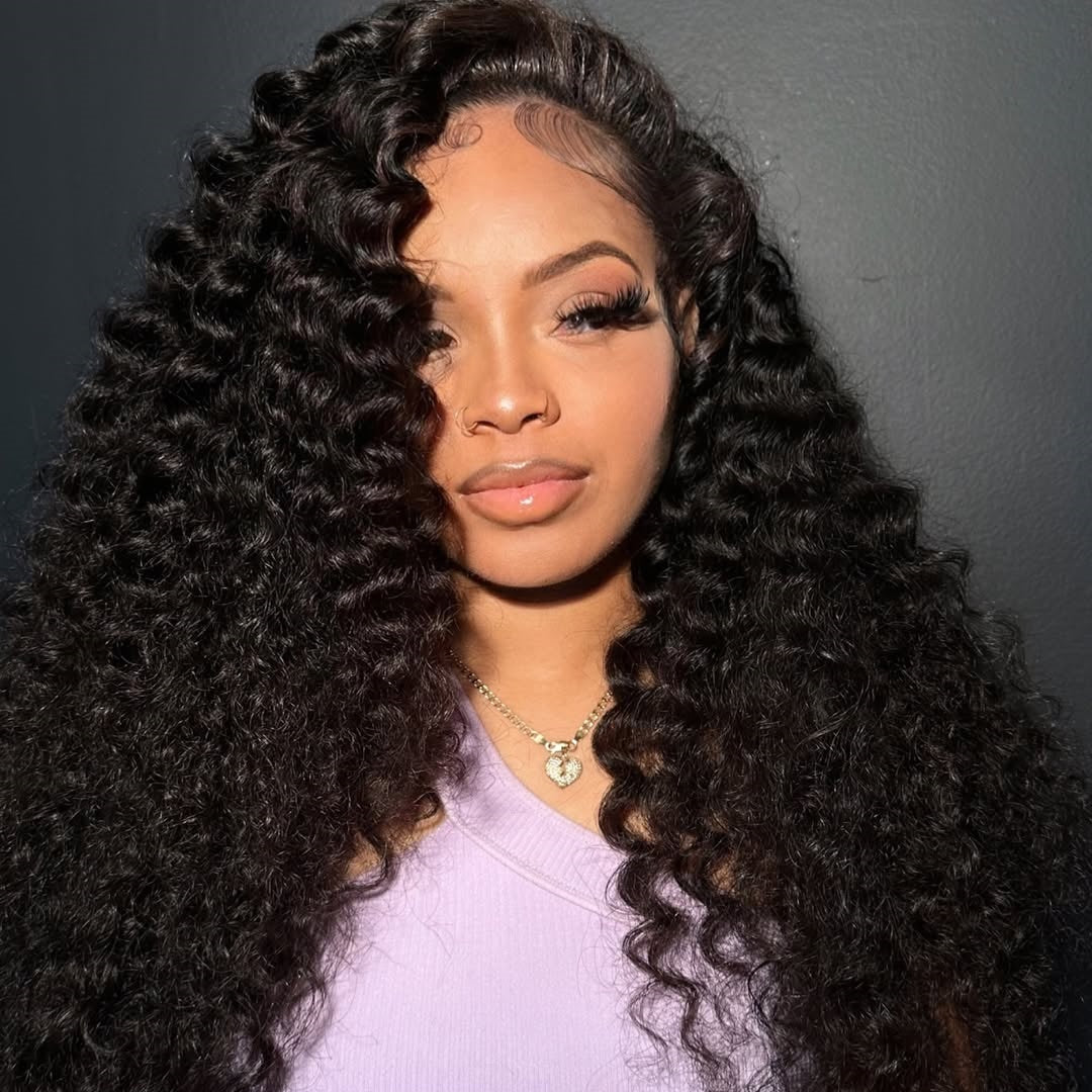 Model In The Pink Top Wearing 4x4 Lace Closure Deep Wave Glueless Wig