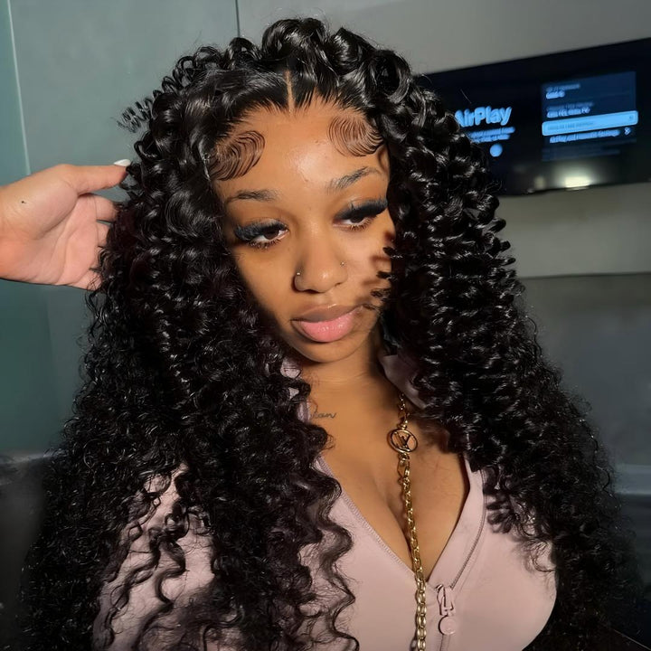 Model In The Pink Top Wearing 4x4 Lace Closure Deep Wave Glueless Wig