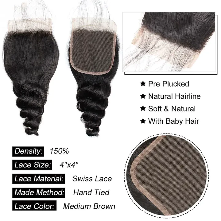Loose Wave Bundles with Closure Malaysian Virgin Hair 3 Bundles with 4x4 Lace Closure