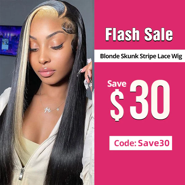 Colored Wigs Blonde Skunk Stripe Lace Wig Sale 20-30Inch, Save $30