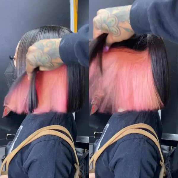 Peekaboo Hair Pink Highlighted Color Straight Short Bob Wig Hd Lace Human Hair Wigs