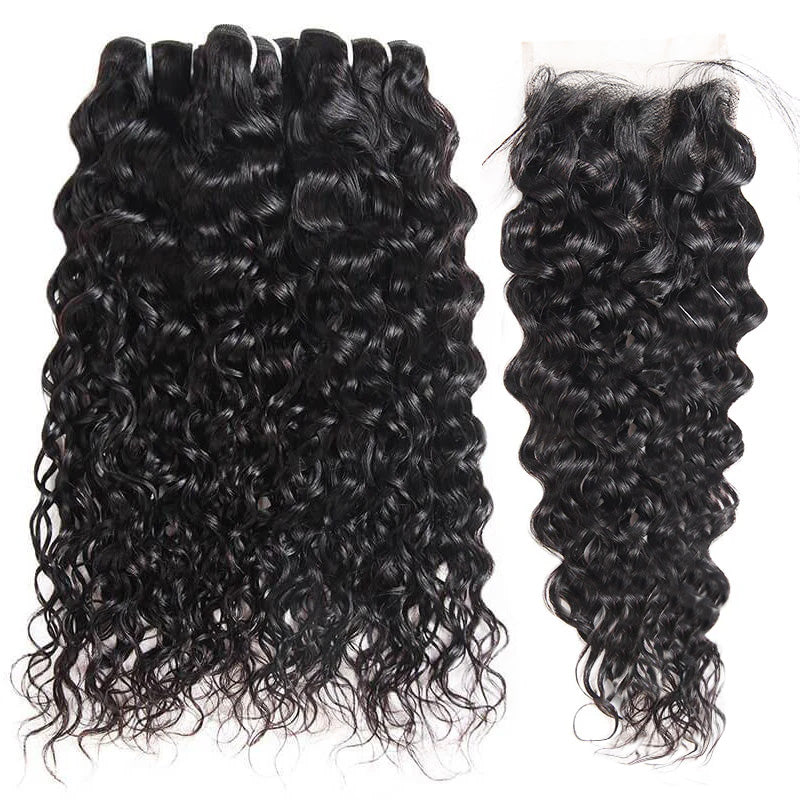 Three Jet Black Water Wave Hair Bundles With a Matching 4X4 Lace Closure for Seamless Styling