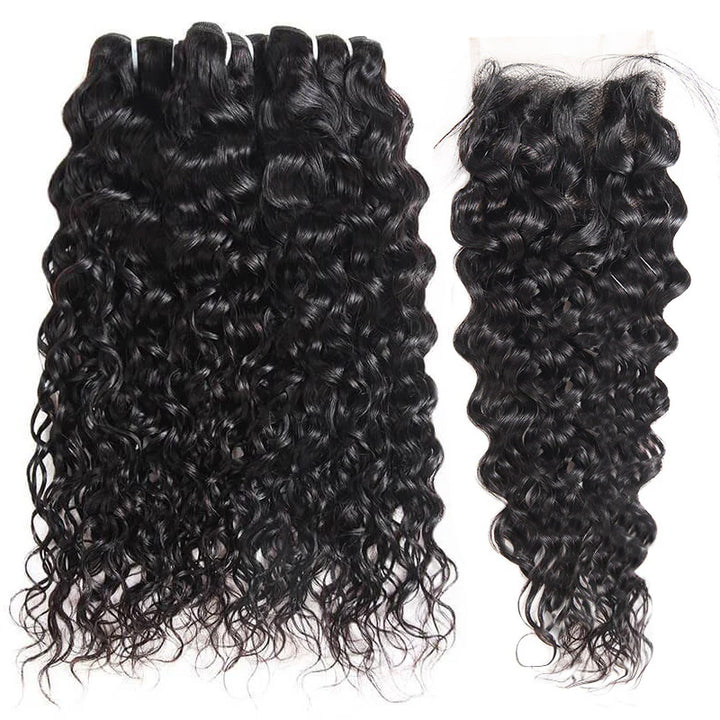 Three Jet Black Water Wave Hair Bundles With a Matching 4X4 Lace Closure for Seamless Styling