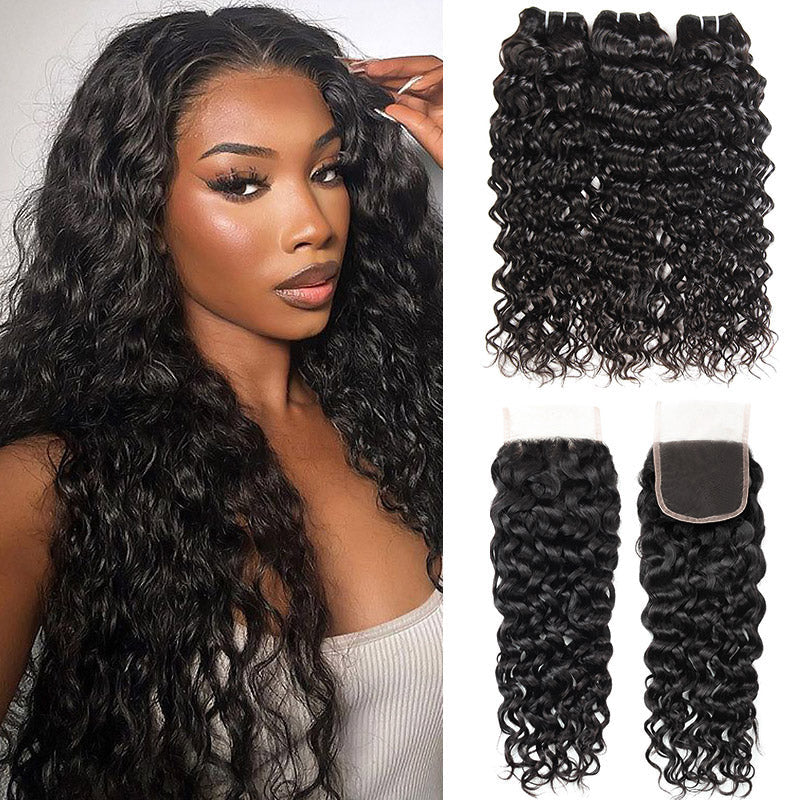 Model Showcasing 12a Water Wave Wave Human Hair Bundles and Lace Closure