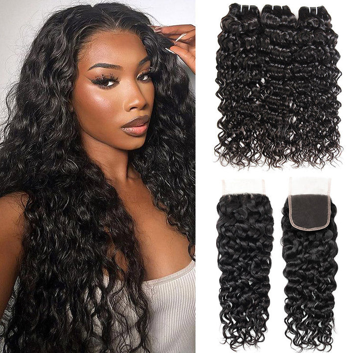 Model Showcasing 12a Water Wave Wave Human Hair Bundles and Lace Closure