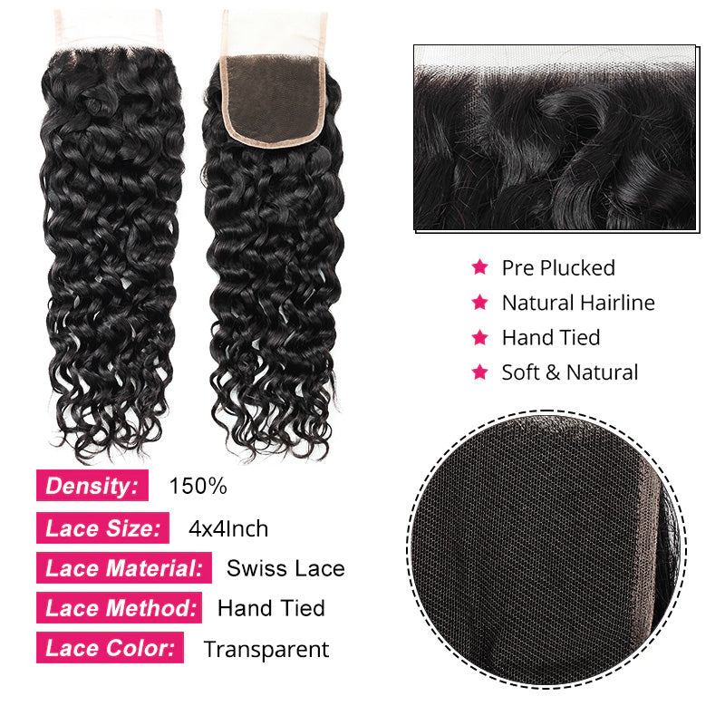 4X4 Lace Closure With Defined Water Wave Curls and Natural Baby Hair