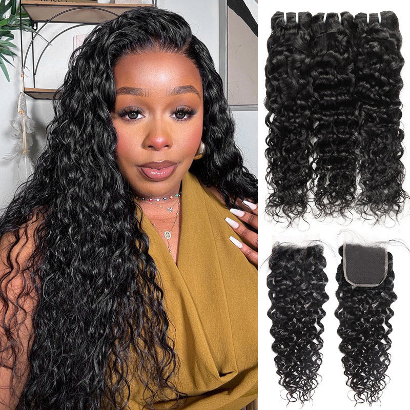 Wavy Jet Black Hair Bundles With a Lace Closure, Showcased By a Smiling Woman