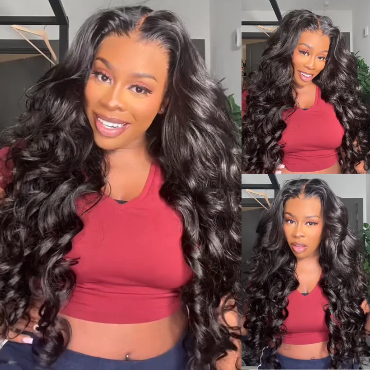 Model Showcasing 30 Inch Glueless Wavy Wig in Natural Black Color