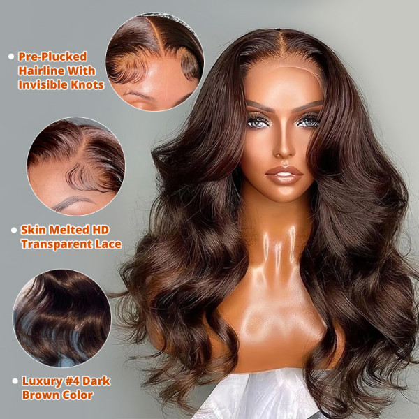 Brown Lace Front Wigs Body Wave Lace Frontal Wigs 4# Dark Brown Colored Human Hair Wigs