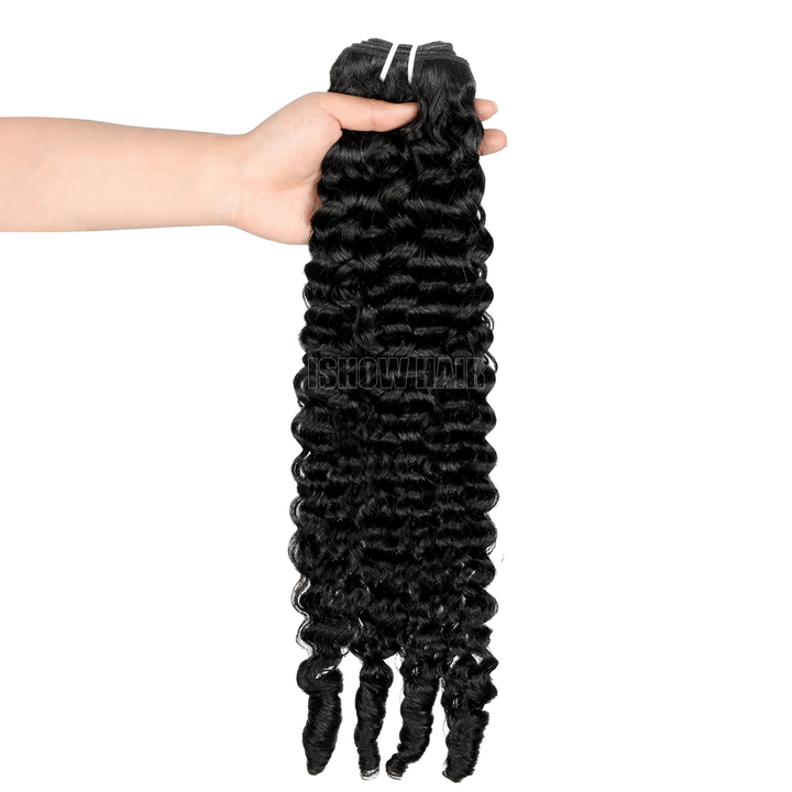 Natural black burmese curly bundle held by a hand on a white background