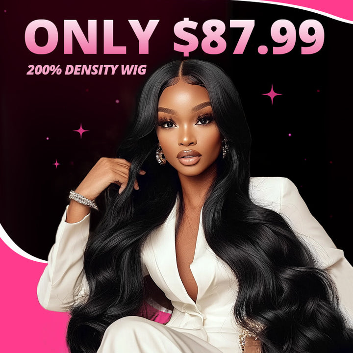 Woman with body wave glueless wig on pink background with text saying"200 density only $87.99"