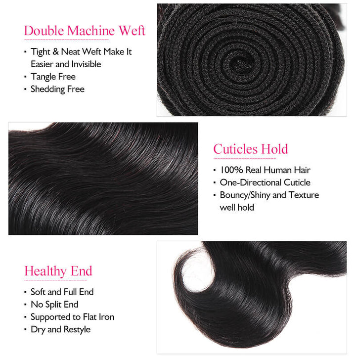 Our Brazilian Human Hair is a luxurious, high-quality option for glamorous body wave styles. Set includes 4 bundles of hair and a lace closure to create an unbeatable look. 100% unprocessed hair with natural roots and tips.