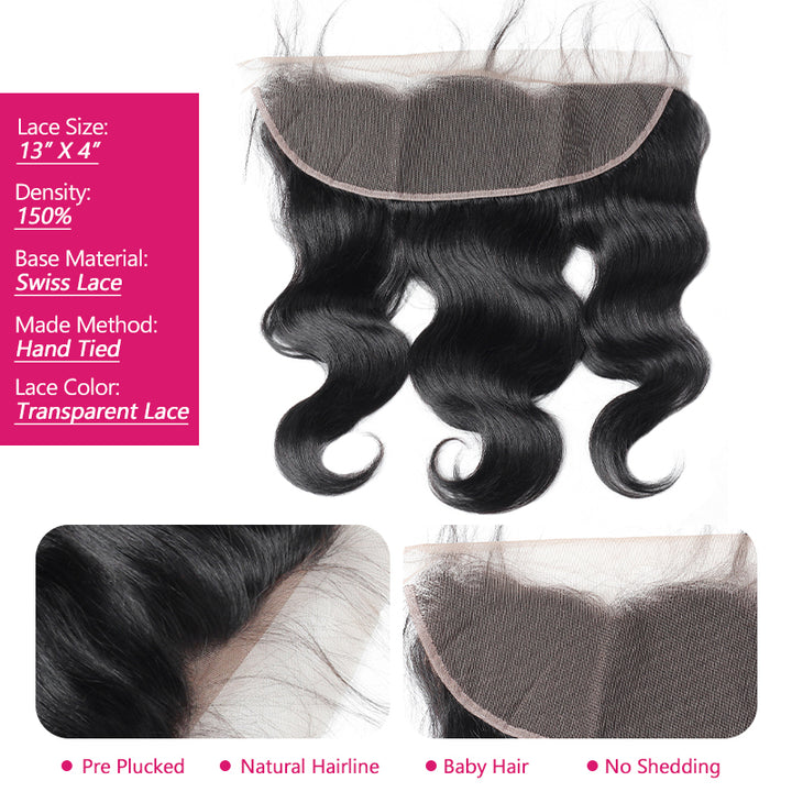 13X4 Transparent Lace Frontal With Body Wave Texture and Details On Swiss Lace Material